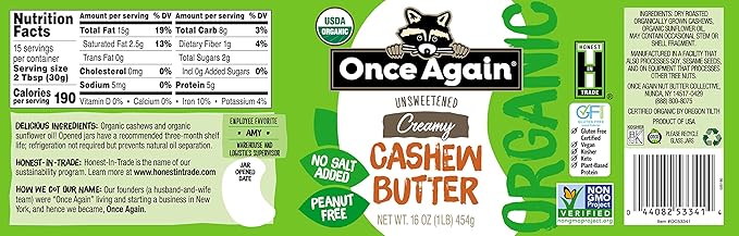 Once Again Organic Creamy Cashew Butter 16oz - Unsweetened - USDA Organic Gluten free Certified Vegan Kosher Peanut Free - Glass Jar - 12 Pack