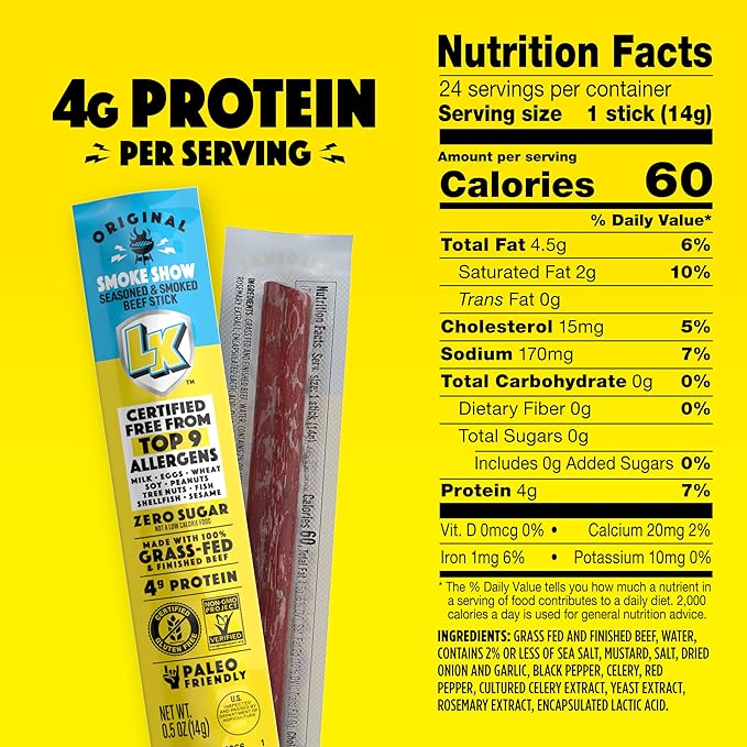 Lorissa's Kitchen Beef Jerky Mini Sticks Premium Grass Fed &amp Finished Original Smoke Show Flavor - 4g Protein On the Go Snacks Free from Top 9 Allergens Non-GMO Gluten-Free 0.5 Oz (24 Count
