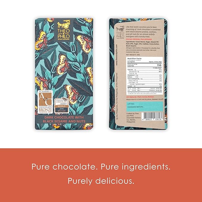 Theo &amp Philo Black Sesame 65% Dark Chocolate 3 Pack - Filipino Chocolate - Bean-to-Bar Direct Sourced Made at Origin Single Origin Woman Owned BIPOC Owned Award Winning - Vegan - Bundle
