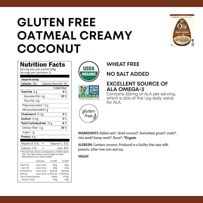 Qi'a Superfood Organic Hot Oatmeal - Creamy Coconut - 2 Boxes with 6 Packets Each Box (12 Packets Total) (8 oz each)