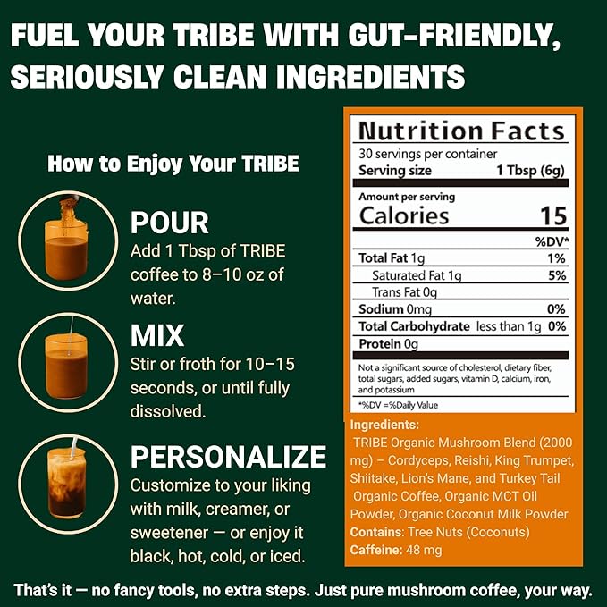 TRIBE Mushroom Coffee with MCT Oil - Creamy Instant Barista Blend for Energy Focus &amp Immune Support 6 Adaptogenic Superfoods - Lion’s Mane Reishi Turkey Tail - 2000mg - 30 Servings Spoon Incl
