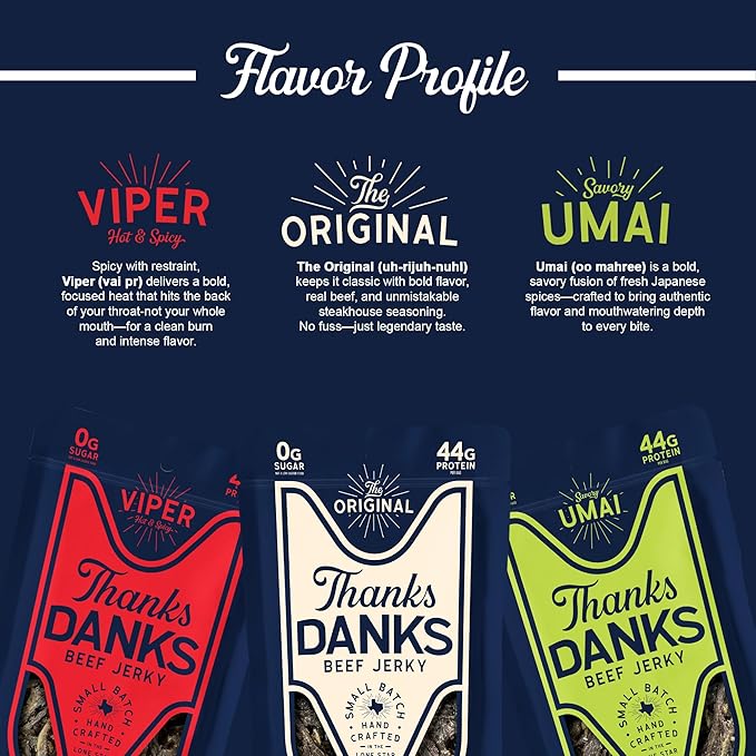 Thanks Danks - Variety Pack (The Original Viper Umai) - Small Batch Grass-Fed Steak Jerky - Sugar Free Gluten Free Nitrate Free No GMO - 57g (3 Flavors)