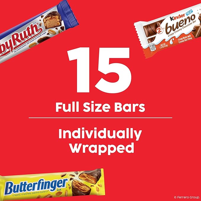 Butterfinger Baby Ruth Kinder Bueno Assorted Crispy Creamy Nutty Variety Mix 15 Count Full Size Candy Bars 26.2 oz