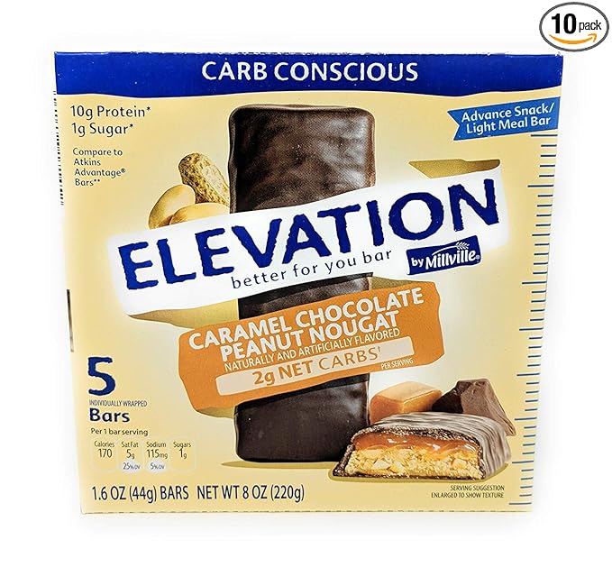 Millville Elevation Protein Bars Snack Endulgent Treat 1.4oz Bars 5g Protein (Caramel Chocolate Peanut Nougat 2 Pack (10 Bars))