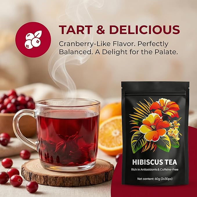 Hibiscus Tea - Whole Dried Flower Petals Hibiscus Tea Bags Antioxidant Caffeine-Free Natural Compounds Tart and Delicious20 Tea Bags