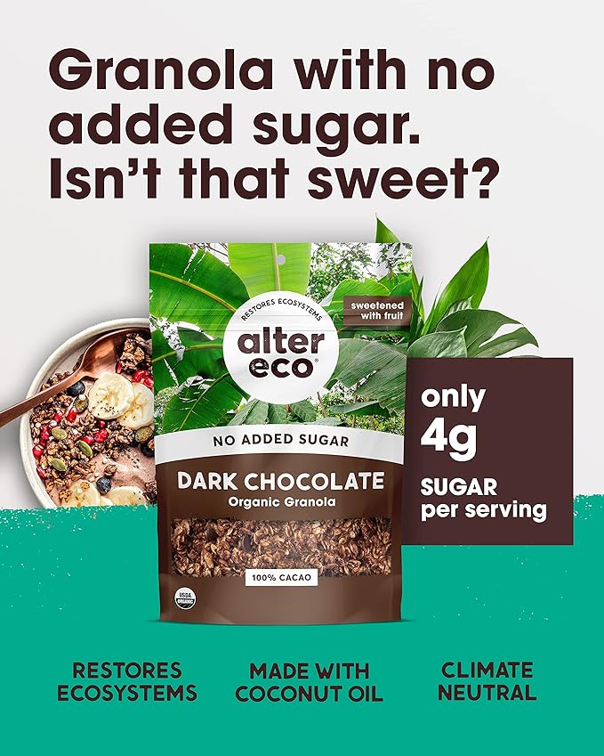 Alter Eco Dark Chocolate Granola Healthy Organic Breakfast &amp Snack Naturally Sweetened with Fruit Vegan No Artificial Sugars or Additives Regeneratively-Farmed Oats (Dark Chocolate - 6 Pack)