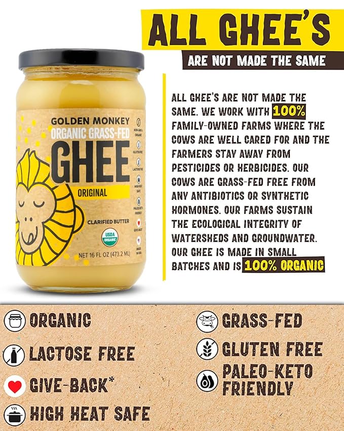 GOLDEN MONKEY Organic Ghee Butter – Grass Fed Clarified Butter for Cooking Baking Keto &amp Gut Health – Ghee Butter Organic Grass Fed from Small Farms – Smooth Spread with High Smoke Point (16oz)