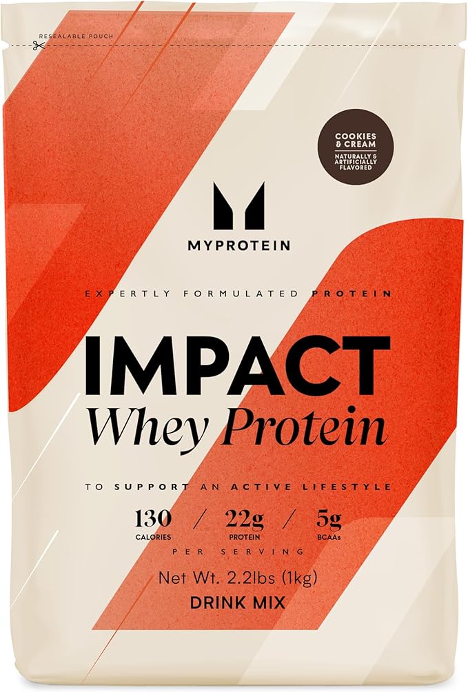 Myprotein Impact Whey Protein Powder 2.2 Lbs (32 Servings) Cookies &amp Cream 22g Protein &amp 5g BCAA Per Serving Protein Shake for Superior Performance Muscle Strength &amp Recovery Gluten F