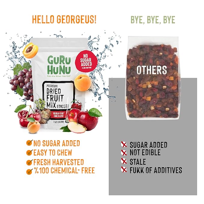 GURU HUNU Dried Fruit Mix From Mediterranean Healthy Snacks No Sugar Added Chemical Free Diced and Dehydrated Fruit Medley For Cake Snacks For Trail or Oatmeal Ever day Use Trail Mix (2lb)