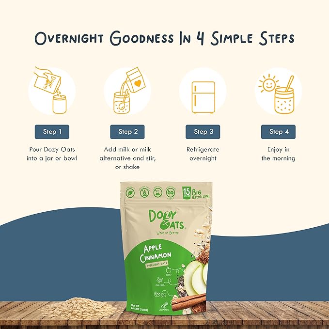 Dozy Oats Overnight Oatmeal 15-Serving Big Batch Bag. Gluten-Free Natural Source of Protein and Fiber Apple Cinnamon 750g