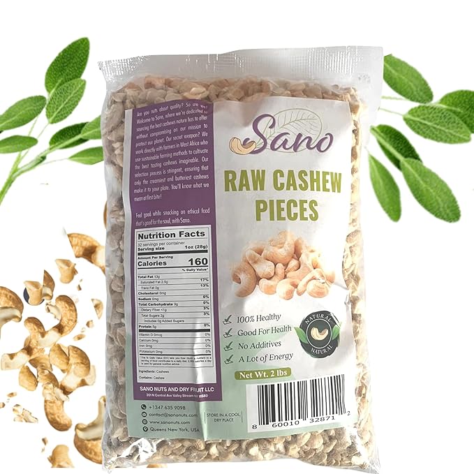 SANO Raw Cashew Pieces 2lbs (32oz) Organic Cashews Nuts Fresh Unsalted cashew in Resealable Pack No Salt Cashews Nuts Natural Raw Cashew Unsalted for Snacking &amp Cooking &amp Vegan Recipes