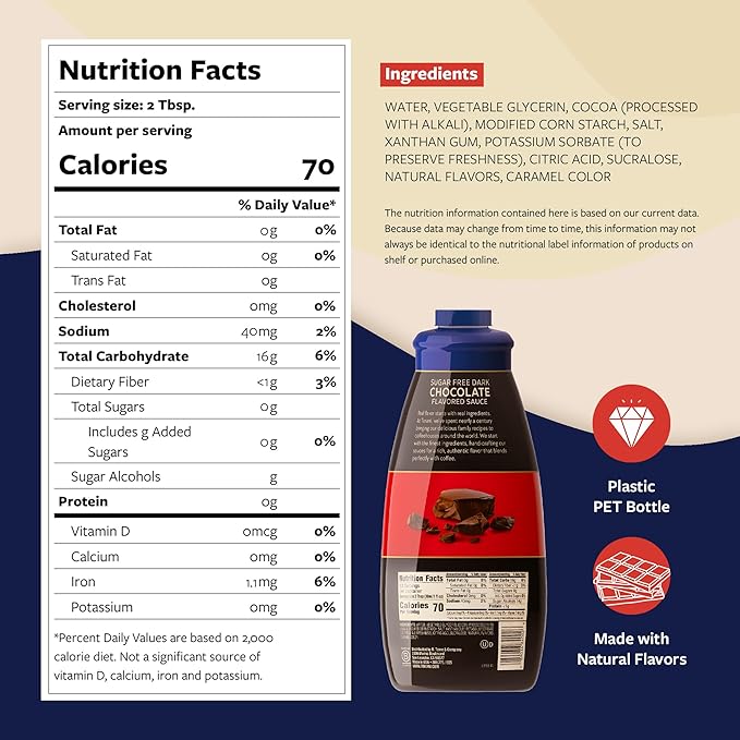Torani Sugar Free Dark Chocolate Sauce for Coffeehouse Drinks and Desserts Large 4lb Bottle Pump Included 64 Fl Oz