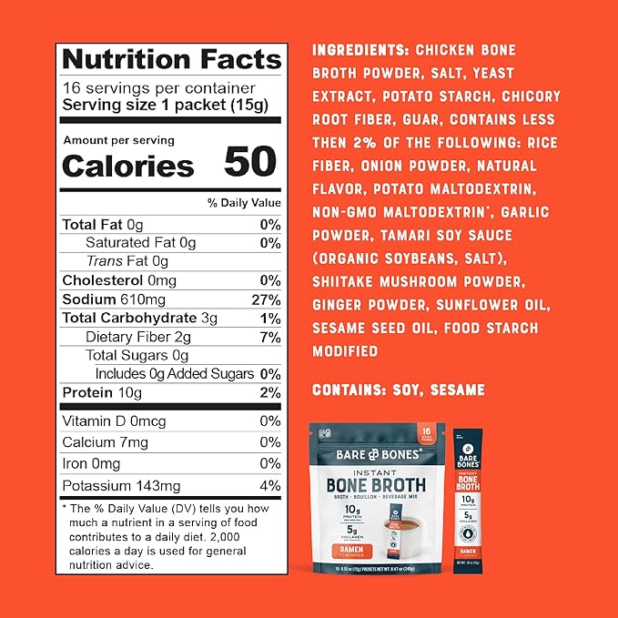 Bare Bones Ramen Bone Broth Instant Powdered Mix Packets | 5g Collagen | 10g Protein | Keto &amp Paleo Friendly | No Artificial Flavors | Non-GMO Gluten-Free Dairy-Free Rich Savory on-the-go 16 Pac