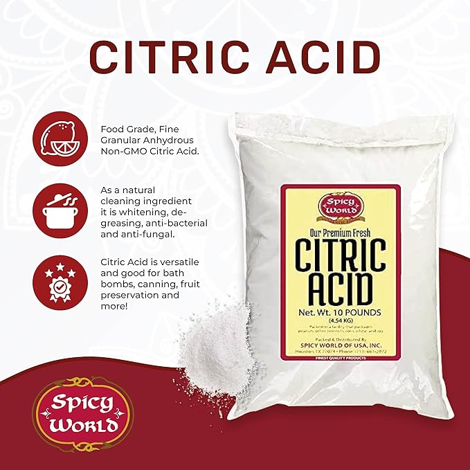 Pure Citric Acid 10 Pound - Food Grade &amp Non-GMO- Natural Food Preservative Beauty Ingredient- by Spicy World