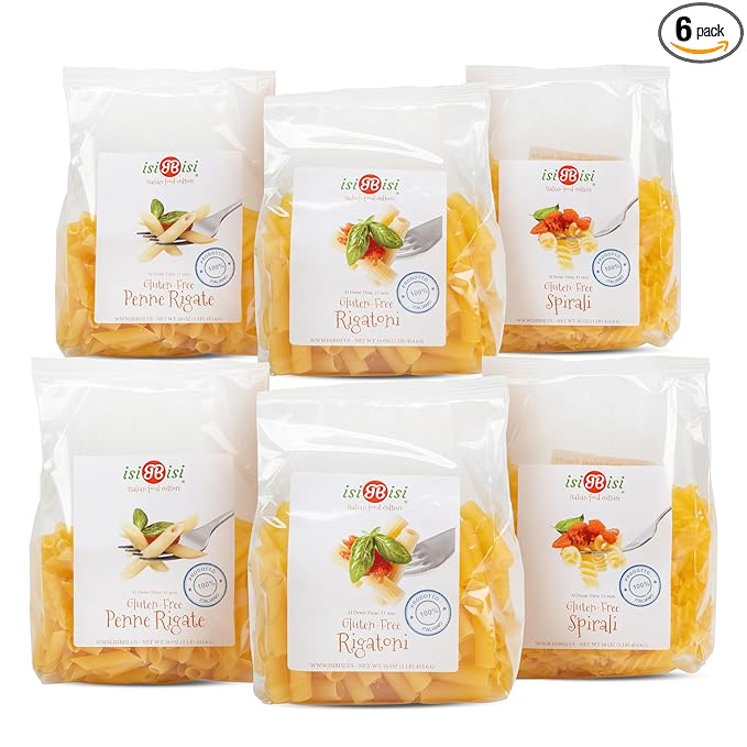 isiBisi Gluten-Free Pasta Sampler 6-Pack - Penne Rigatoni Spirali Noodles - Non GMO Vegan Made in Italy