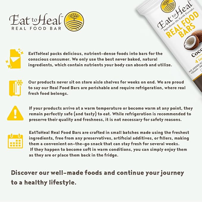 EatToHeal Coconut Real Food Bar - Organic Vegan Healthy Gluten Free Protein Bars - Low Sugar Meal Replacement Bar Non GMO Never Baked Plant Based - Crafted to Enjoy Not Sit on Shelves