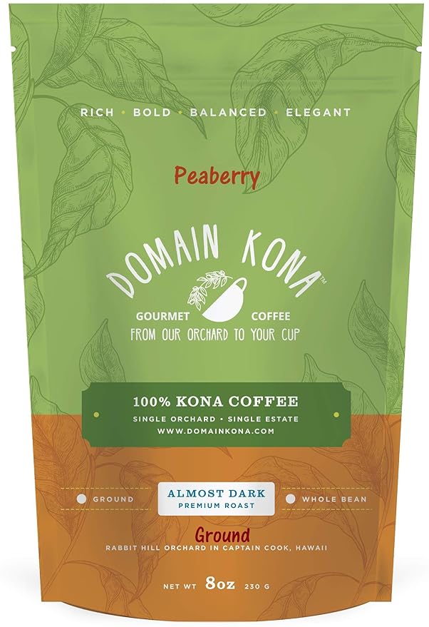 100% Kona Coffee PEABERRY – GROUND Almost Dark roast Single estate gourmet coffee 8 ounces ships direct from Domain Kona Coffee farm fresh