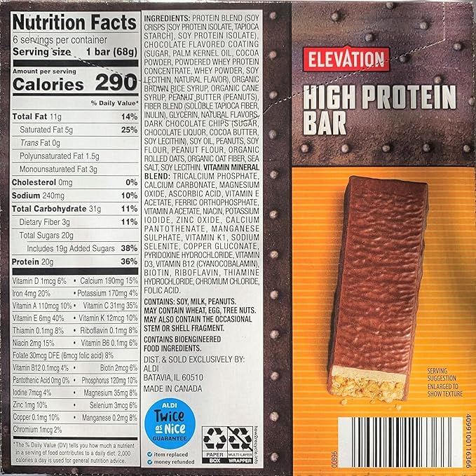 Generic 4-PACK ELEVATION HIGH PROTEIN Chocolate Peanut Butter Bars 6 Bars Per Box 24 Bars Total 20 GRAMS OF PROTEIN PER BAR