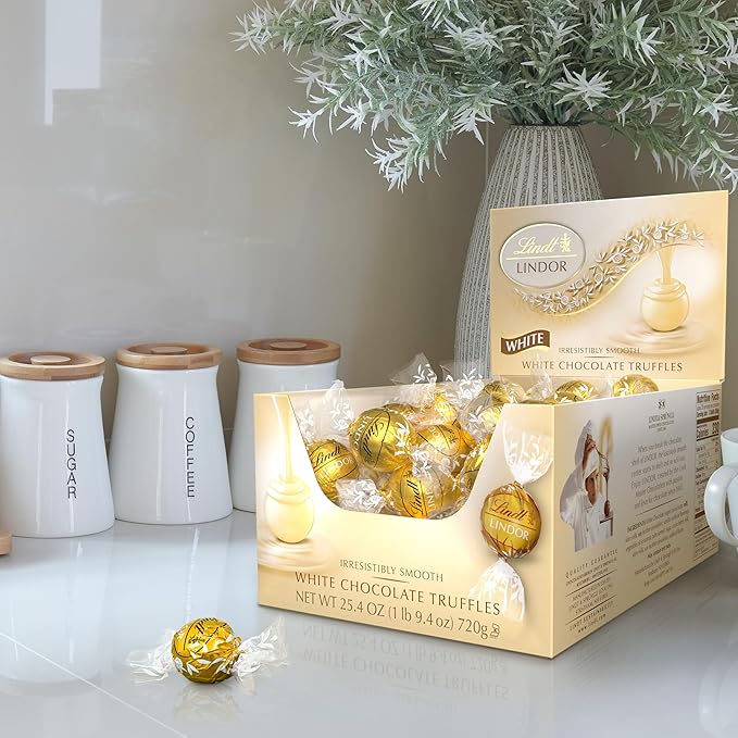 Lindt LINDOR White Chocolate Candy Truffles Smooth Melting Truffle Center Bulk Candy Individually Wrapped 60 Ct
