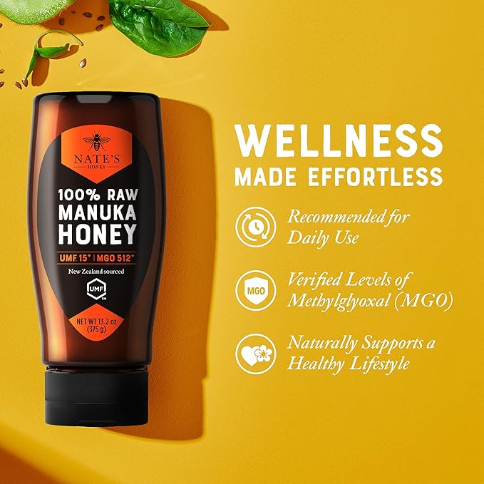 Nate's Raw Manuka Honey New Zealand MGO 512+ | UMF Certified 15+ | 13.2 oz Squeeze Bottle