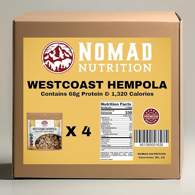 Nomad Nutrition Westcoast Hempola - Original Cereal | Granola Instant Freeze Dried Backpacking &amp Camping Food | Plant-Based Non-GMO Hiking Meals with High-Protein Vegan Gluten-Free | 112g - 4 P
