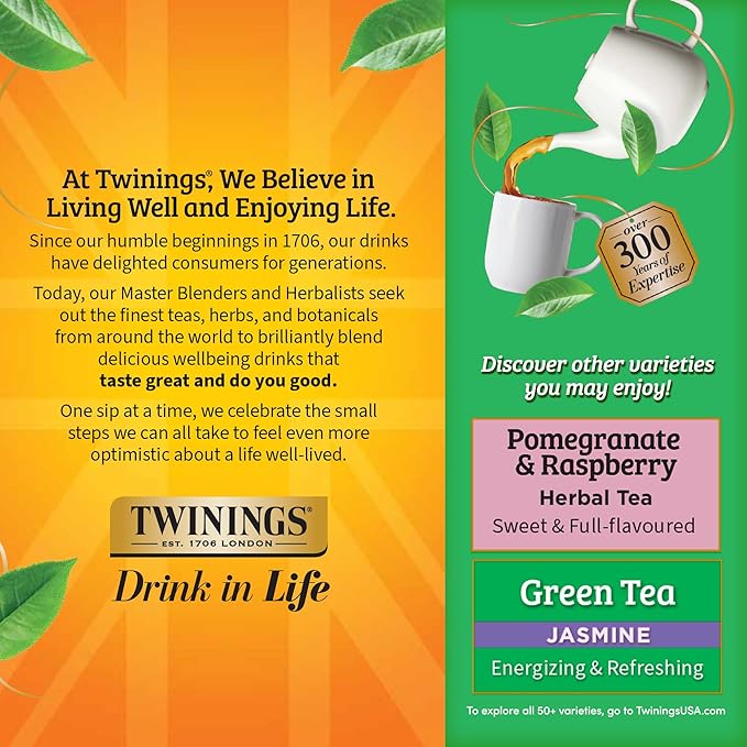 Twinings Green Tea with Pomegranate Raspberry &amp Strawberry Individually Wrapped Bags 100 Count (Pack of 1) Caffeinated Enjoy Hot or Iced 100 Teabags