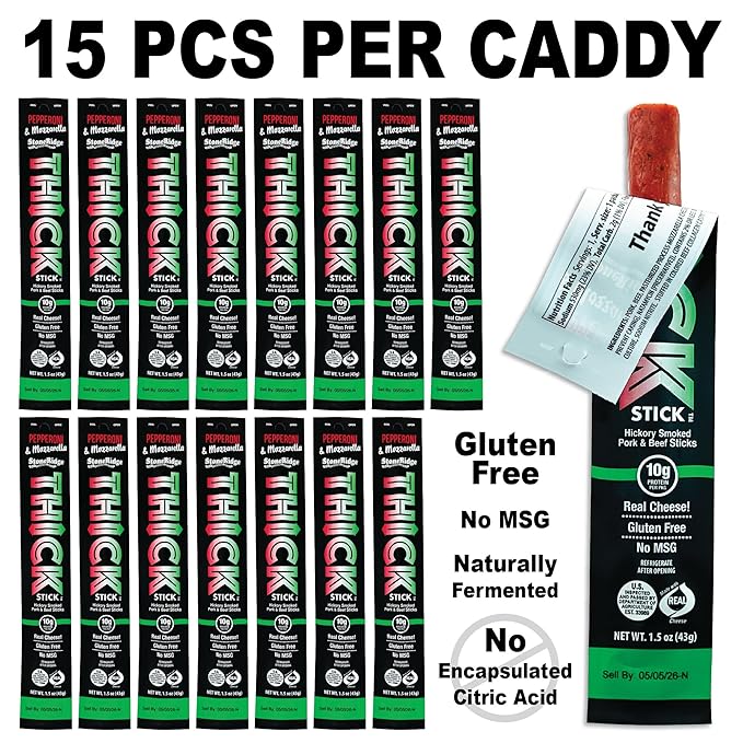 THICK STICK - STONERIDGE OLD-FASHIONED QUALITY PEPPERONI &amp MOZZARELLA - Hickory Smoked Pork and Beef Snack Sticks Gluten Free No MSG 15 Count THICK 1.5 oz Sticks High Protein Soy Free 15 Co