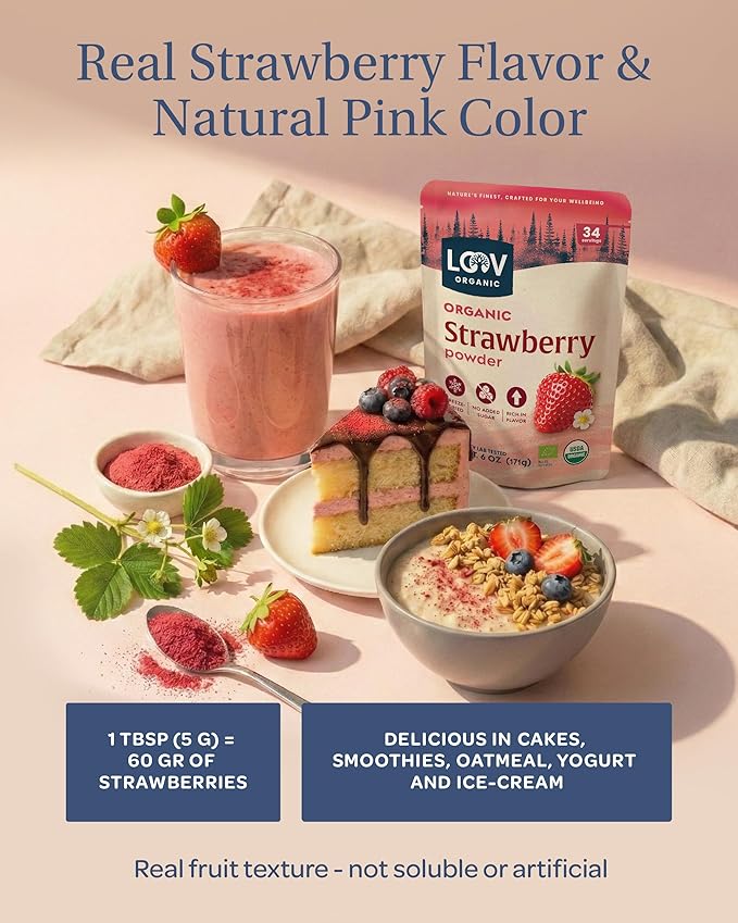 LOOV Organic Freeze Dried Strawberry Powder - 29-Day Supply 6 Oz Good for Smoothie Baking &amp Seasoning Freeze-Dried &amp Processed in Certified Facilities No Added Sugar