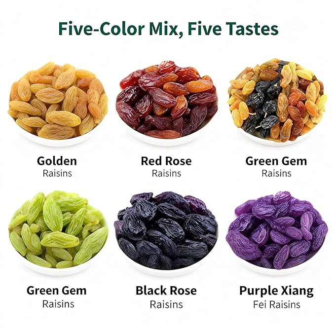 5-Color Seedless Raisins – Individually Wrapped No Washing Soft Chewy Dried Fruit For Snacking Baking &amp Cooking (5 Flavors)
