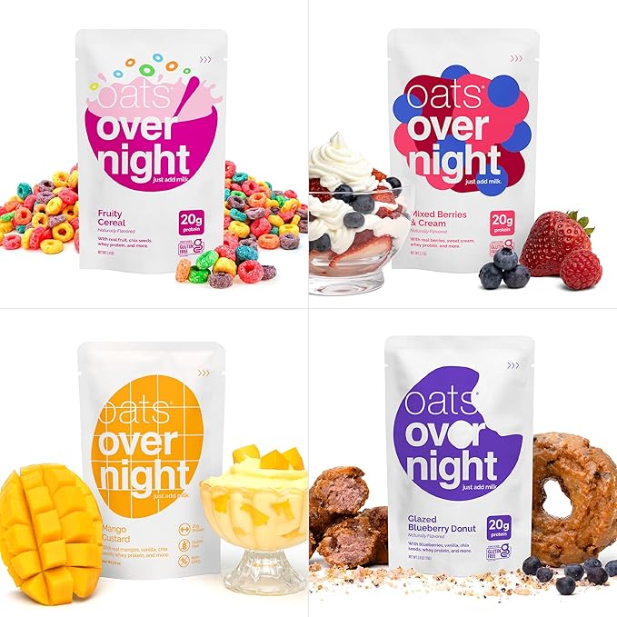 Oats Overnight Fruit Variety Pack - High Protein High Fiber Breakfast Protein Shake - Gluten Free Non GMO Protein Oatmeal - Fruity Cereal Chocolate Covered Banana &amp More (8 Pack + Shaker Bottl