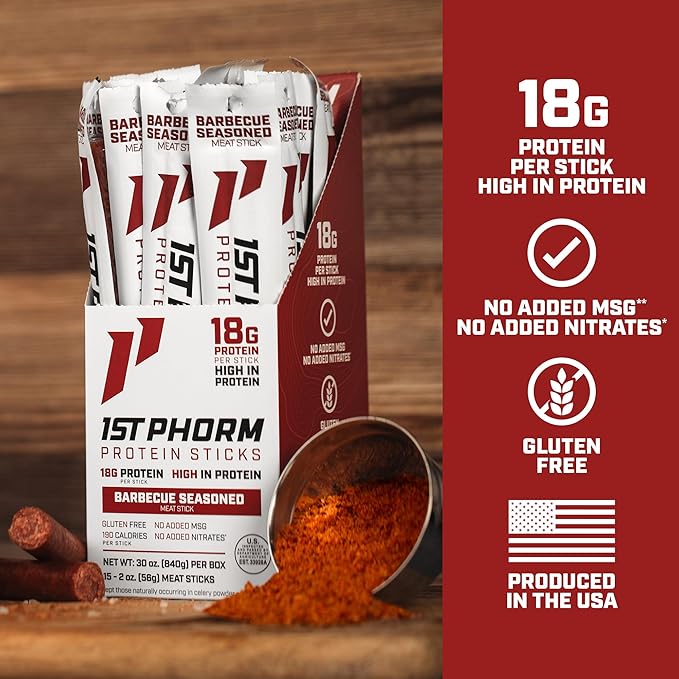 1st Phorm Meat Sticks Seasoned BBQ 18G Protein per Serving USA Raised Lean Beef and Pork High Protein Snacks Gluten Free No Msg or Nitrates Individually Wrapped 15 Count