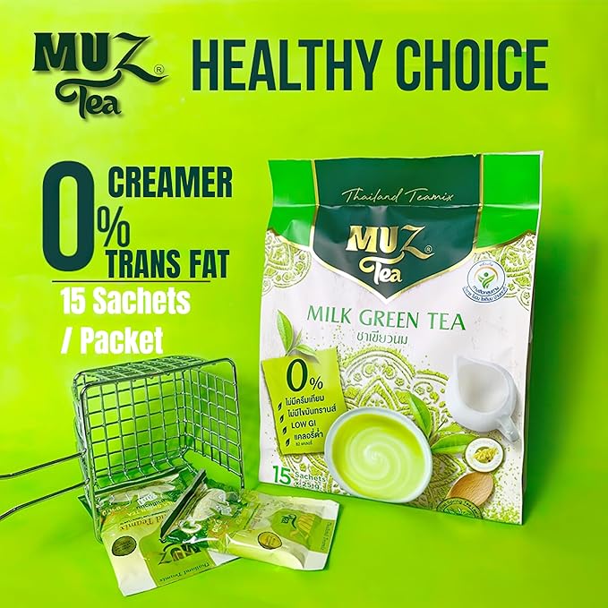 MuzTea Instant Milk Green Tea Powder Mix 3 in 1 With Green Tea Coconut Flower Sugar Creamer From Selected Low Fat Milk Powder 15 Sachets (Milk Green Tea)