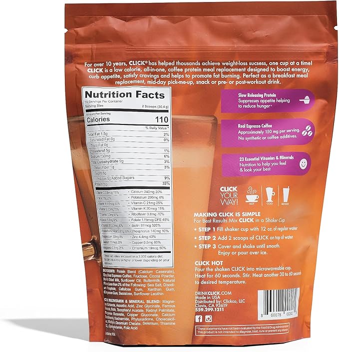 Click Coffee Protein Powder | Double Shot Espresso | 16g Protein | 23 Essential Vitamins | Low Calorie Meal Replacement | 150mg Caffeine | Gluten Free | No Artificial Flavors or Colors | Caramel
