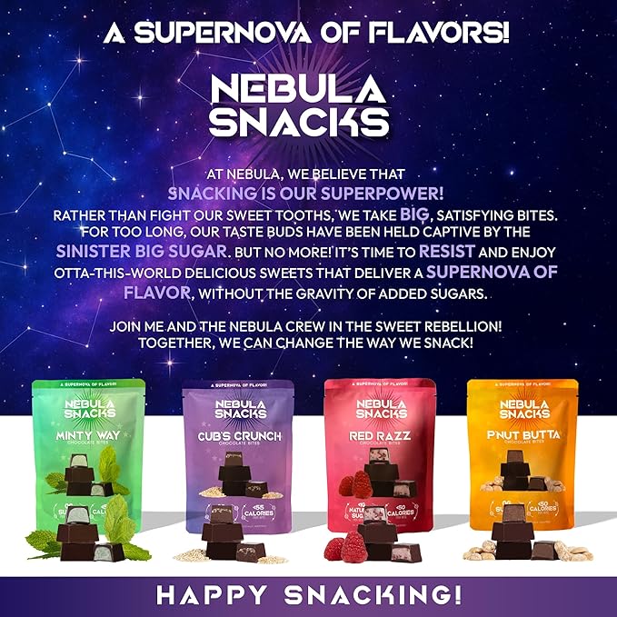 Nebula Snacks Variety Pack – Zero Sugar Dark Chocolate Bites in Four Flavors: Minty Way Cosmic Caramel Coconaut Blast &amp P’Nut Butta Non-Glycemic Keto-Friendly Dairy-Free and Gluten-Free – 4
