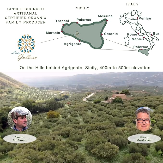 Galbasa - Organic Olive Oil from Sicily Italy - Extra Virgin First Cold Pressed Early Harvest - Polyphenol Rich Peppery Finish No Pesticides - 16.9 fl oz