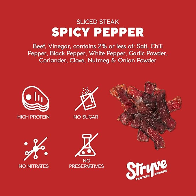Stryve Protein Snacks - Better Than Jerky Steak Snacks. Protein Rich Beef Biltong | 32g Protein Sugar Free Carbs Free Gluten Free Dairy Free Keto &amp Paleo Friendly | Spicy Pepper Pack Of 4