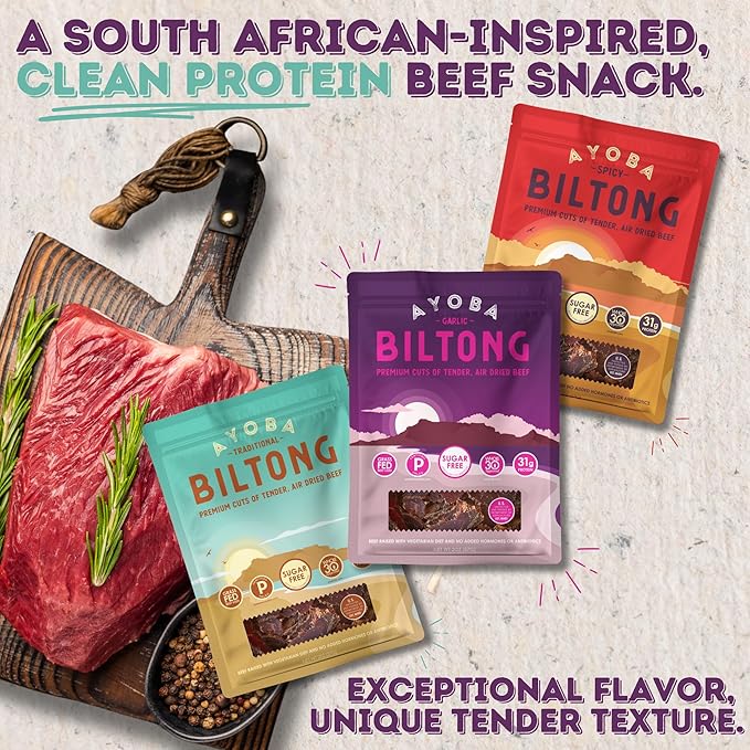 Ayoba Grass Fed Beef Biltong Slices Variety Pack (2 Ounce Pack of 3) - Authentic South African Protein Snacks - Keto-CertifiedPaleo-Certified Gluten Free and Sugar Free Beef Biltong