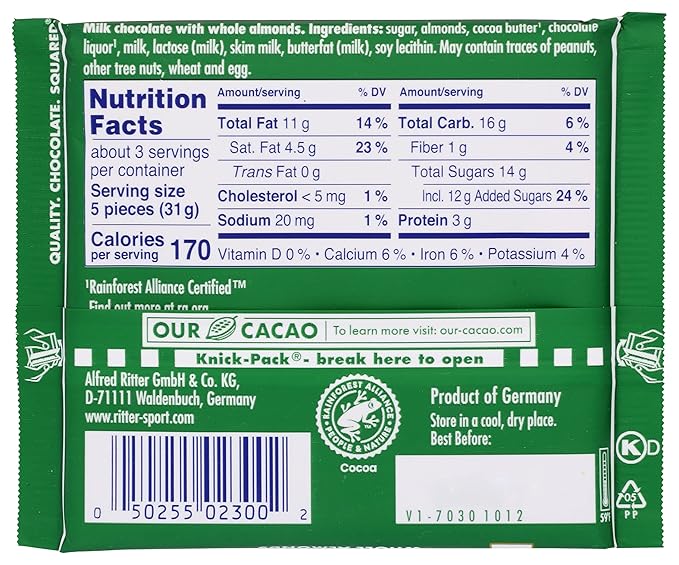 Ritter Sport Milk Chocolate With Whole Almonds Bar All Natural 3.5 Ounces (Pack Of 11)