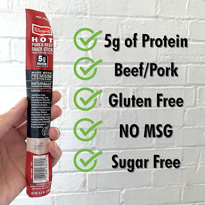 Jerky.com Hot Beef and Pork Jerky Meat Sticks 26 Pack (24 + 2 Bonus) | 5g Protein 90 Calories Gluten-Free Individually Wrapped Keto Friendly Low Carb Snack | Delicious Smoked Beef Jerky Sticks |