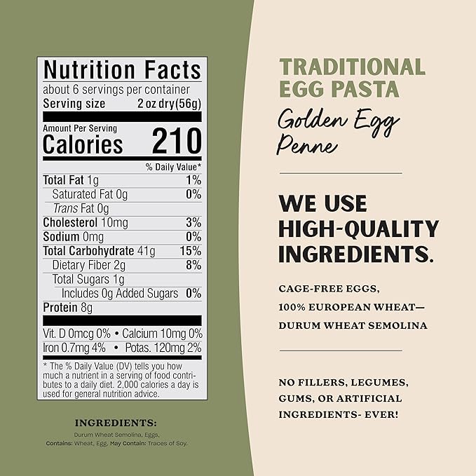 Al Dente Golden Egg Penne – All-Natural Hand-Crafted Egg Pasta. Traditional Pasta Noodles Made with Cage-Free Eggs and Semolina. Great for Pastas Soups Stews. 12oz Bags (Pack of 8)