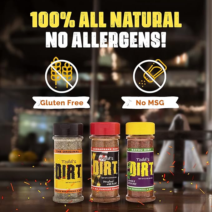 Todd’s DIRT - All Purpose Seasoning &amp BBQ Rub 3 Pack Sampler Set Gourmet Seasonings and Rub that’s GREAT ON EVERYTHING 100% All Natural with No MSG &amp Gluten-Free