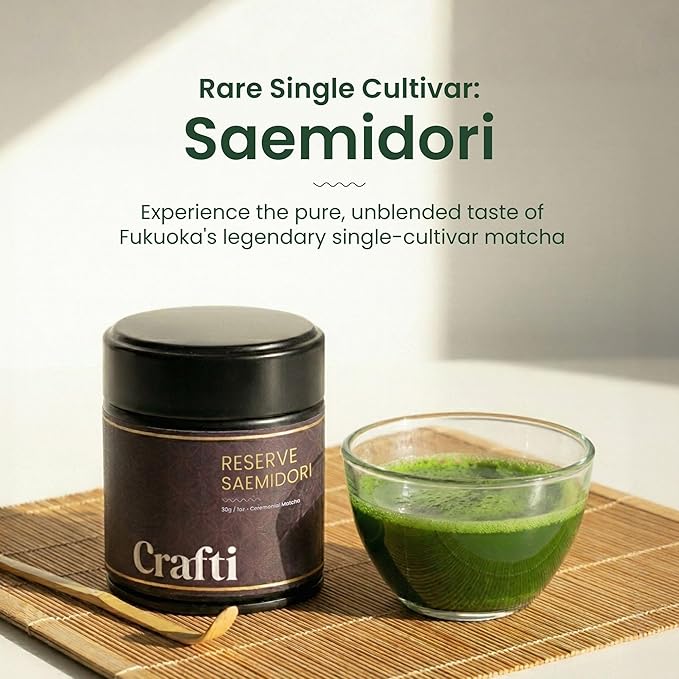 Crafti Ceremonial Grade Matcha Powder | 100% First Harvest | Single Cultivar | Saemidori | Unsweetened Authentic Japanese Matcha Green Tea Powder from Yame Fukuoka (30g / 1.06oz)
