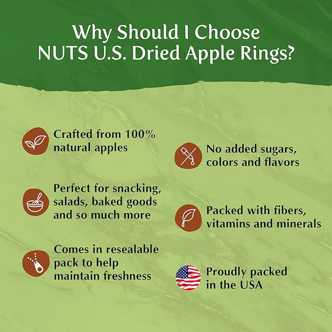 NUTS U.S. - Dried Apple Rings | No Added Sugar | No Artificial Color | Chewy Texture | NON-GMO | Juicy and Natural | Packed in a Resealable Bag (3 LBS)
