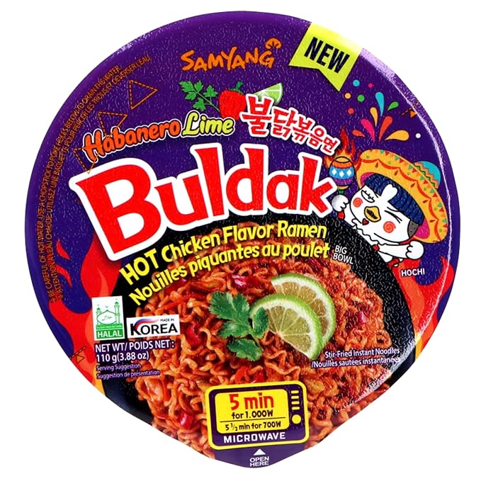 Samyang Buldak Noodles Hot Chicken Flavour Ramen Habanero Lime Big Bowl Cup 110g Instant Korean Food Snacks (Pack of 6)