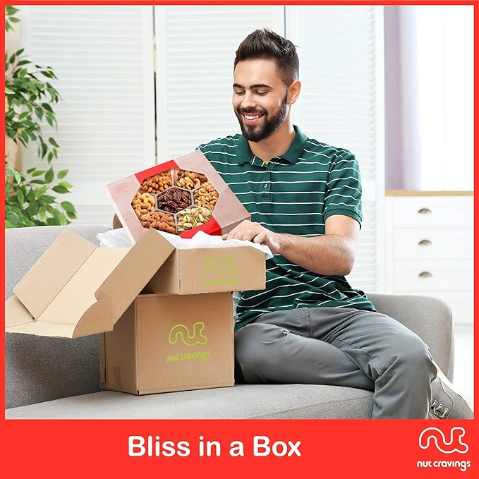 NUT CRAVINGS - Easter Mixed Nuts Gift Basket in Red Gold Box (7 Assortments 2 LB) Ramadan Gifts Treats for Adults Food Arrangement Healthy Snack Care Package Kosher