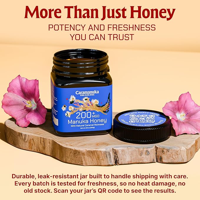 Caramanuka Manuka Honey MGO 200 – 100% Raw &amp Unfiltered Australian Honey Independently Lab-Tested for MGO &amp Glyphosate Bold Caramel-Like Flavor 8.8 oz (250g)