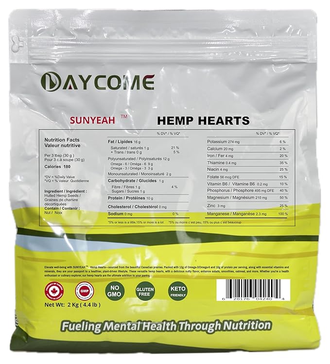 SUNYEAH Canadian Hemp Hearts - 2kg of Pure Prairie Saskatchewan Harvest Shelled Hemp Seeds Perfect for Smoothies Yogurt and Salads - Non-GMO Vegan Keto Gluten-Free(Pack of 1)