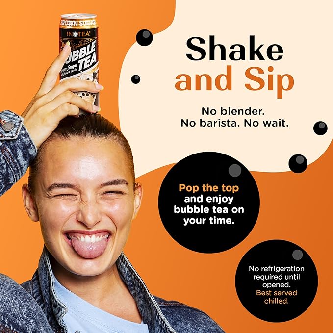 Inotea Bubble Tea with Tapioca Pearls - Delicious Instant Boba Tea - Ready-to-Drink Black Milk Tea - Comes in Large 16.6 oz Cans - Enjoy Real Boba Without the Long Lines - Brown Sugar - 12 pack