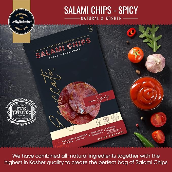 Meats Kosher Salami Chips - Sliced Sausage Charcuterie Meat - Natural Friendly - 2 oz Spicy 5 Pack