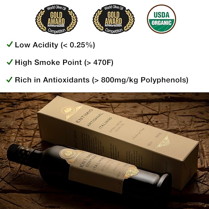 Entimio Cortese Organic Italian Extra Virgin Olive Oil from Italy 800+ mg/kg High in Polyphenols 2025 Gold Winner Tuscany Early Harvest evoo Cold Extracted Lab Tested - 16.9 fl oz